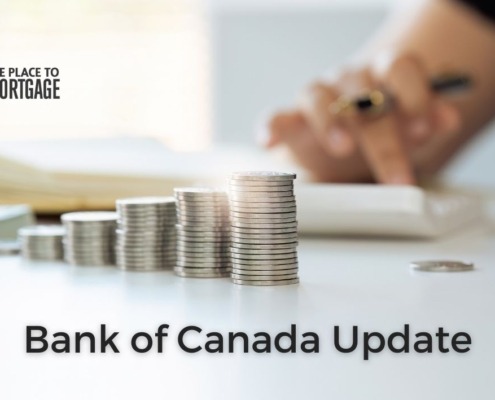 Stacks of coins with a person using a calculator in the background with The Place To Mortgage logo in the top left corner and the Bank of Canada Update on the bottom centre
