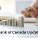 Stacks of coins with a person using a calculator in the background with The Place To Mortgage logo in the top left corner and the Bank of Canada Update on the bottom centre